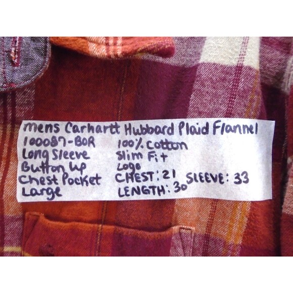 Carhartt Men’s Size Large Slim Fit Hubbard Flannel Shirt 100% Cotton 10087-B0R - Picture 4 of 9